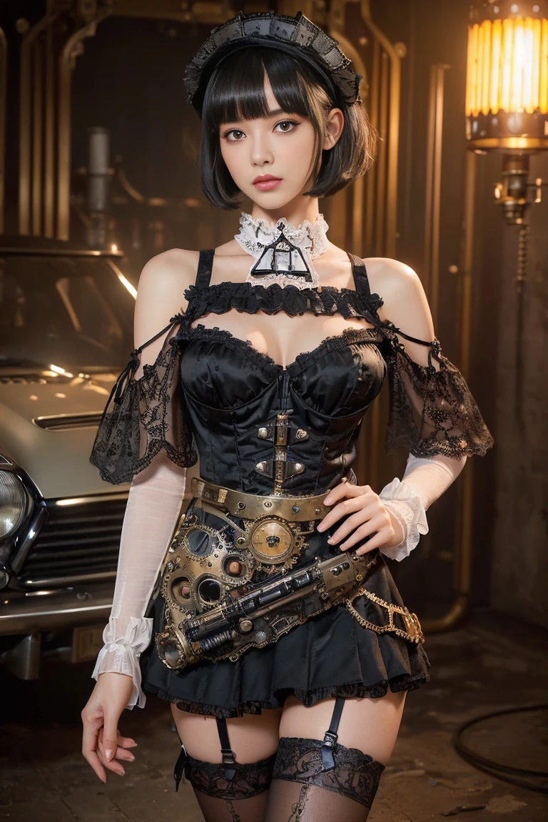 (((masterpiece, highest quality, Super detailed))), 1 female, (((very thin body))) , (((length, thin legs))), (((black short bob, thick fluffy bangs ))), (((highly detailed face))), No cosmetics, small and thin nose, thin mouth with small lips, (((Very sharp focused eyes))), Precise pale gray eyes with large slits, shine like a jewel, length eyelashes, ((Highly decorative intricate mechanical steampunk fashion, Lace Flare Mini Skirt, above the knee lace stockings, Lace Off Shoulder Lolita Fashion, Overly decorative fashion)), Abandoned Night, Complex mechanized steampunk factory catches fire and explodes, (((Overall accuracy has been dramatically improved, creating a Super detailed and realistic image))),  super realistic photos, (((steampunk gun)))