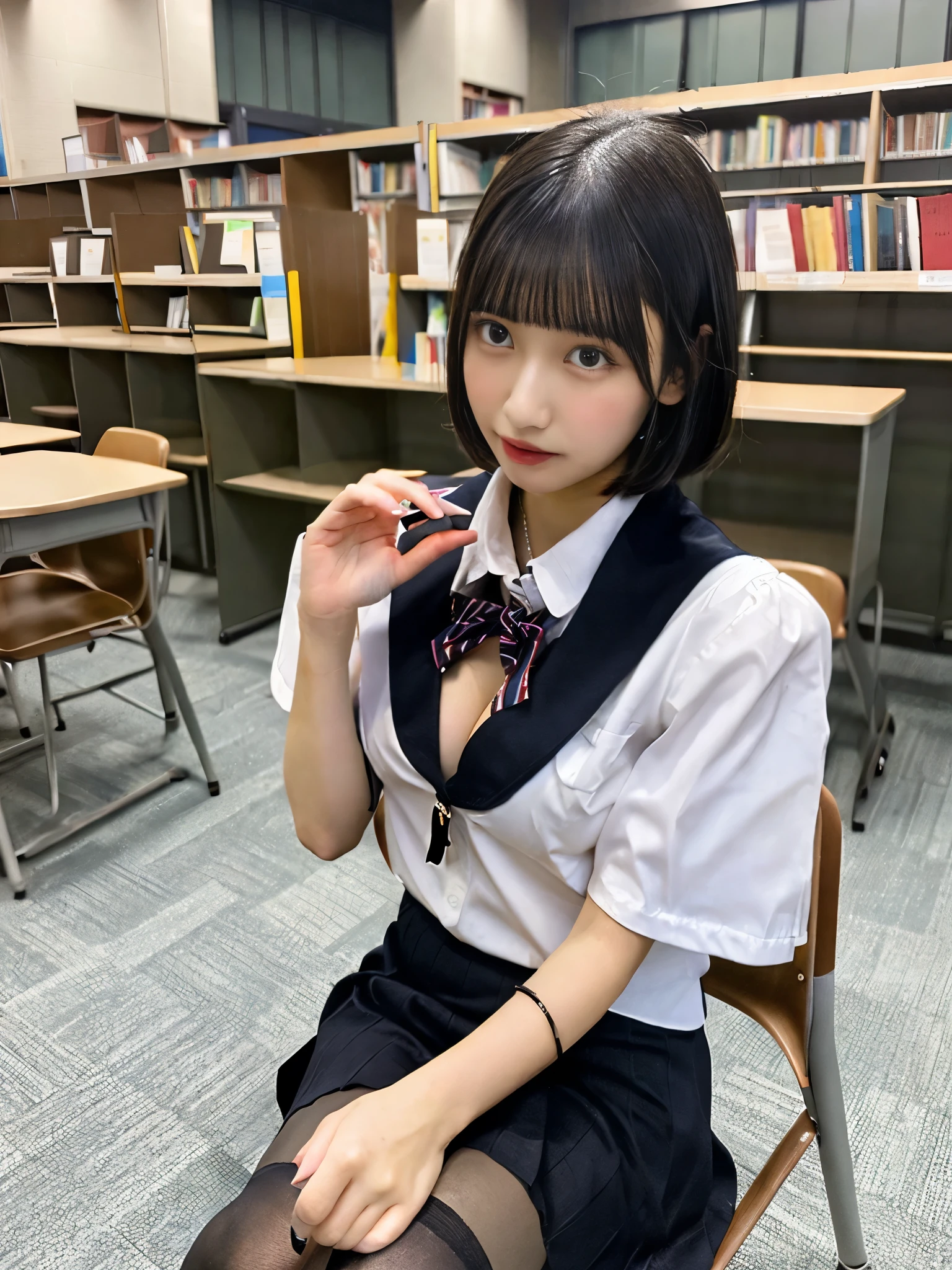 NSFW,(One girl:1.5),Black Hair,short hair,Big Breasts,Cleavage,high school girl,uniform,Short sleeve,Micro Mini Skirt,pantyhose,Sitting in a chair,Library,Embarrassed,blush,is nervous,(Perfect hands),(Perfect Anatomy),(masterpiece),(Highest quality)