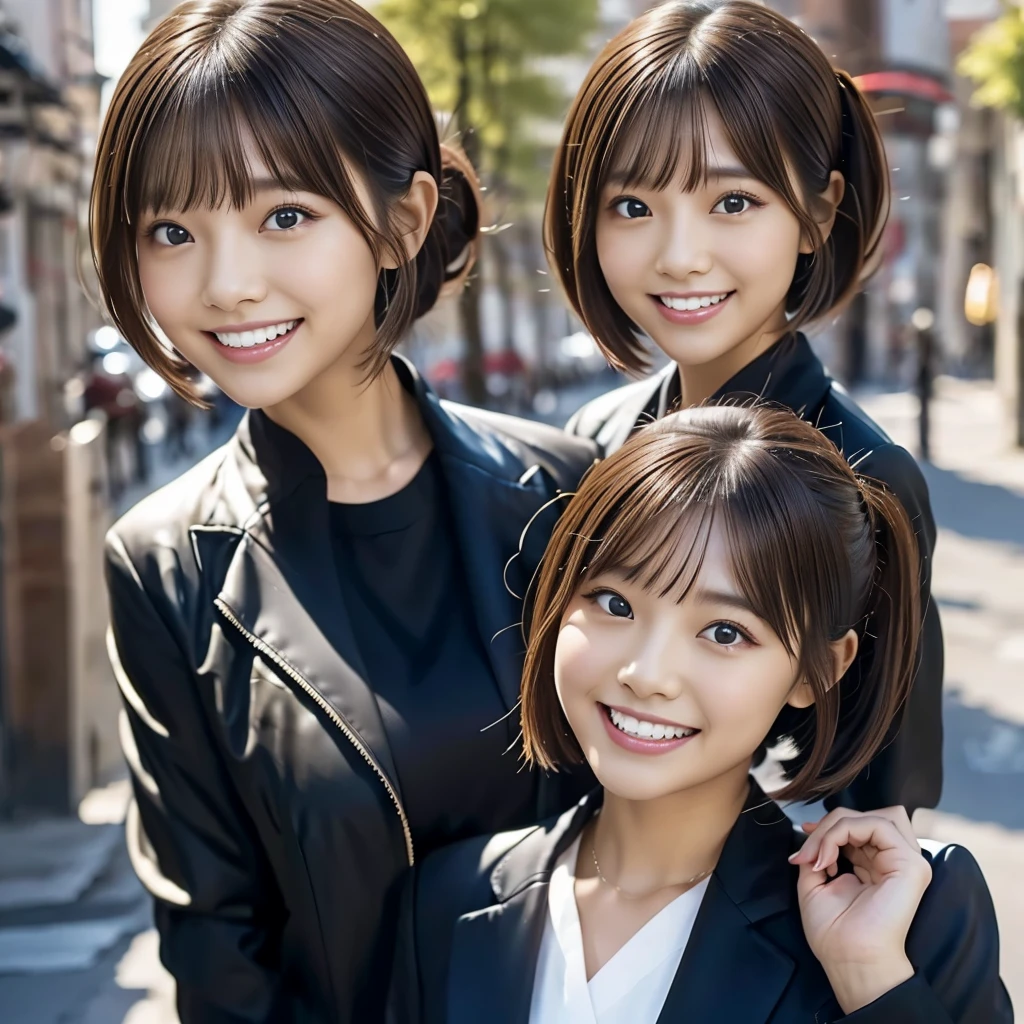 young woman、 Japanese women、Brown Hair、Hairstyle: Bun、ear piercing、、Black business suit、smile、Beautiful teeth alignment、Intricate details, Very detailed:1.2), 、 Looking into the camera,The background is the town、