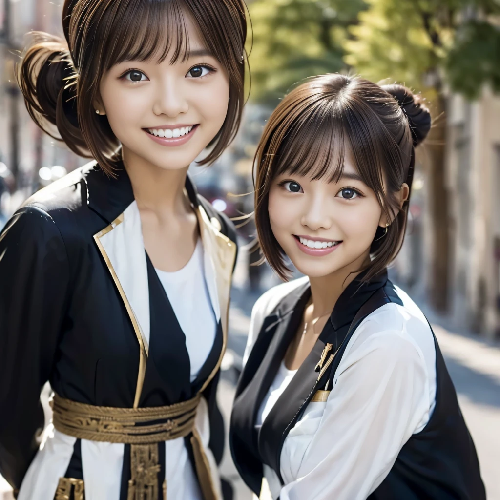 young woman、 Japanese women、Brown Hair、Hairstyle: Bun、ear piercing、、Black business suit、smile、Beautiful teeth alignment、Intricate details, Very detailed:1.2), 、 Looking into the camera,The background is the town、