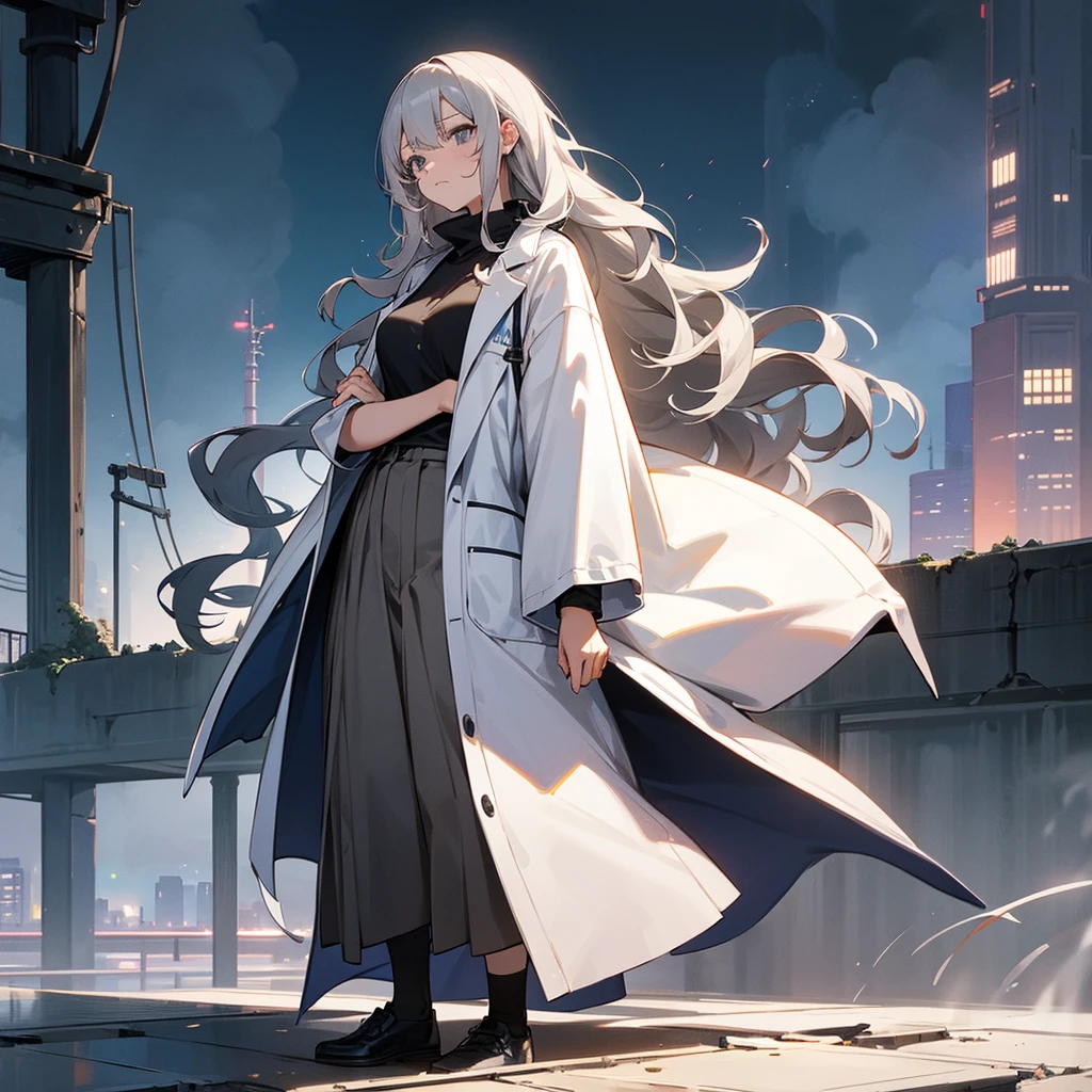 1female, young adult, finely detailed grey eyes, wavy long hair, grey hair, casual clothing, lab coat, standing on ruined building, night time, serious expression,