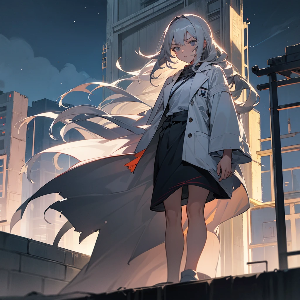 1female, young adult, finely detailed grey eyes, wavy long hair, grey hair, casual clothing, lab coat, standing on ruined building, night time, serious expression,