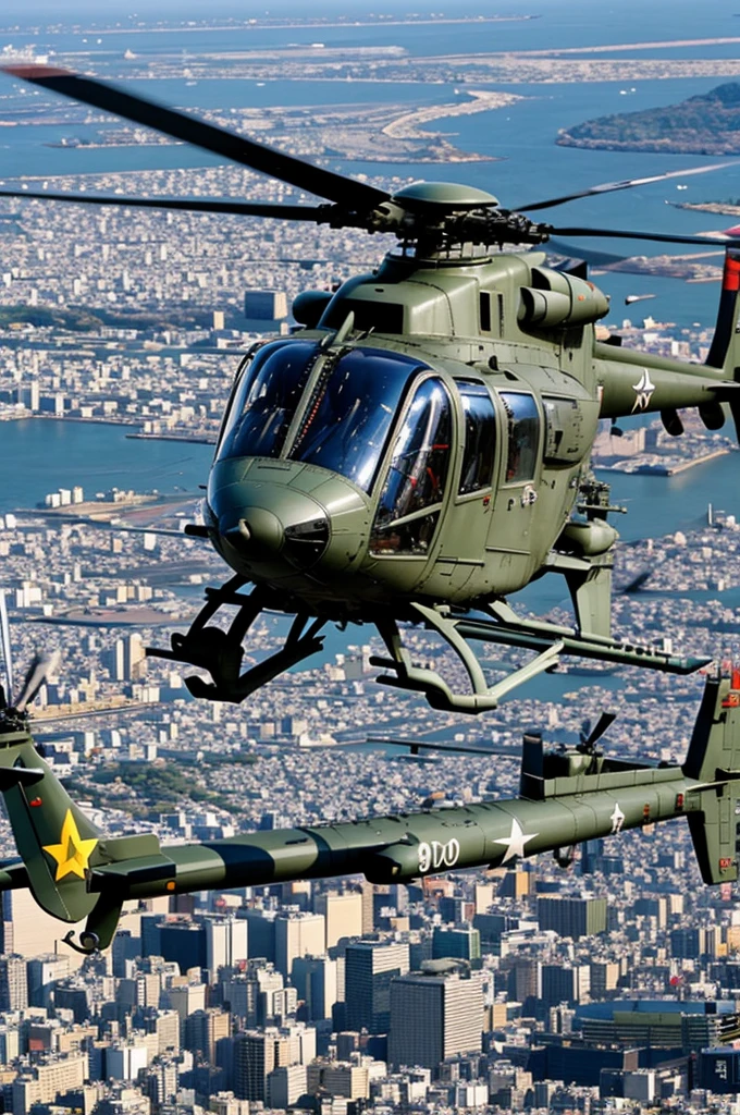 Helicopteros militares sobrevolando la ciudad de japon estilo anime