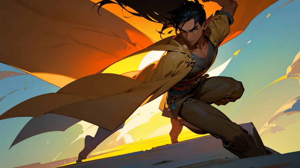 He is an adult indigenous man with Mexican features, and sun-kissed brown skin. His short black hair contrasts with his intense, expressive dark eyes. High, well-defined cheekbones complement his sharply contoured face. His pointed ears add a unique and distinctive detail to his appearance. He exudes a strong, serene presence, deeply connected to his cultural roots. Full body, character sheet, master piece.