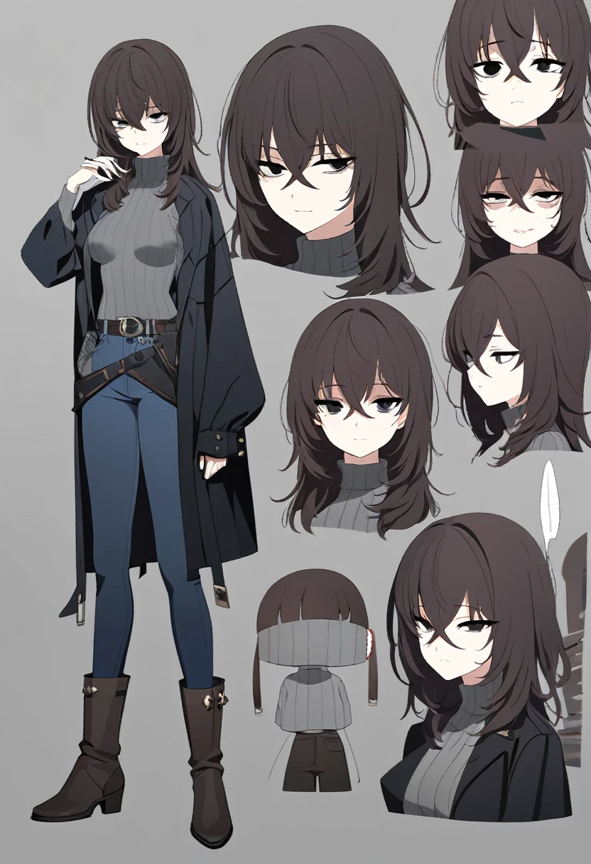 One Woman,Downer,older sister,Concept Art,Dark brown hair,Straight hair with slight inward curls,Staring eyes,Eye Ridge,black eye,Crossed bangs,whole body,smile,Slightly larger breasts,Gray background,Bangs that reach down to the eyes,Messy hair,Tight dark jeans,Gray turtleneck sweater,Multiple views of the same character,Character Design,Dark circles under the eyes,Bad look,Listless,Sloppy,Silver Jewelry,Cafe staff,Holding a cigarette,whole bodyCharacter Design,Detailed hands,Height: 170cm,boots,fleshy,