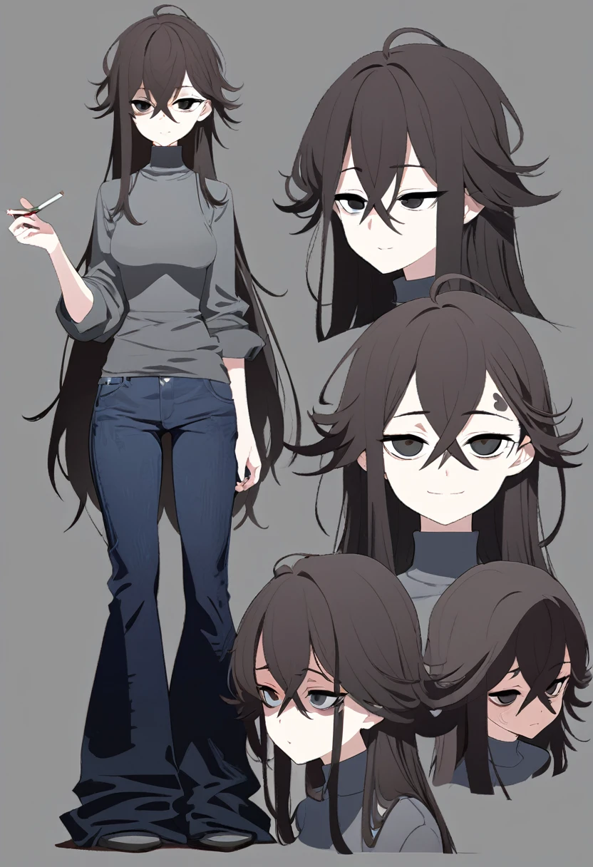 One Woman,Downer,older sister,Concept Art,Dark brown hair,Straight hair with slight inward curls,Staring eyes,Eye Ridge,black eye,Crossed bangs,whole body,smile,Slightly larger breasts,Gray background,Bangs that reach down to the eyes,Messy hair,Tight dark jeans,Gray turtleneck sweater,Multiple views of the same character,Character Design,Dark circles under the eyes,Bad look,Listless,Sloppy,Silver Jewelry,Cafe staff,Holding a cigarette,whole bodyCharacter Design,Detailed hands,Height: 170cm,boots,fleshy,