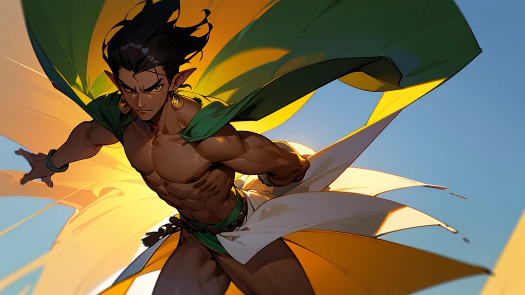 He is an adult indigenous man with Mexican features, and sun-kissed brown skin. His short black hair contrasts with his intense, expressive dark eyes. High, well-defined cheekbones complement his sharply contoured face. His pointed ears add a unique and distinctive detail to his appearance. He exudes a strong, serene presence, deeply connected to his cultural roots. Full body, character sheet, master piece.