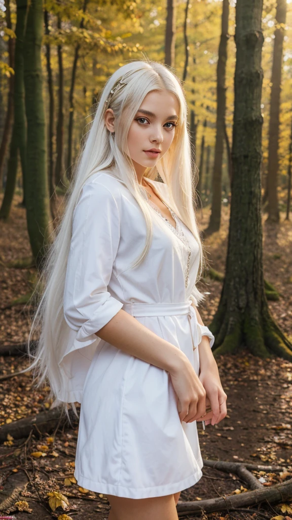 1girl, masterpiece, best quality, high quality, WHITE HAIR, LONG HAIR, beautiful eyes, beautiful clothes, perfectly emphasizing the figure against the background of the autumn forest