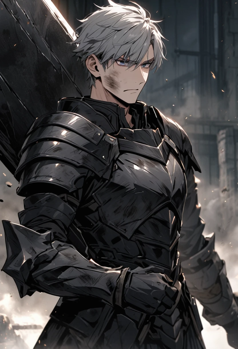 Grey haired man 28 years old Hold a large sword Black Armor is Dirty