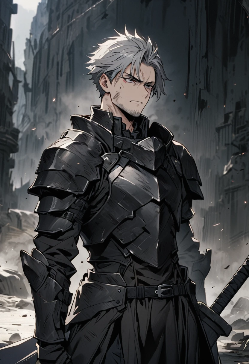 Grey haired man 28 years old Hold a large sword Black Armor is Dirty
