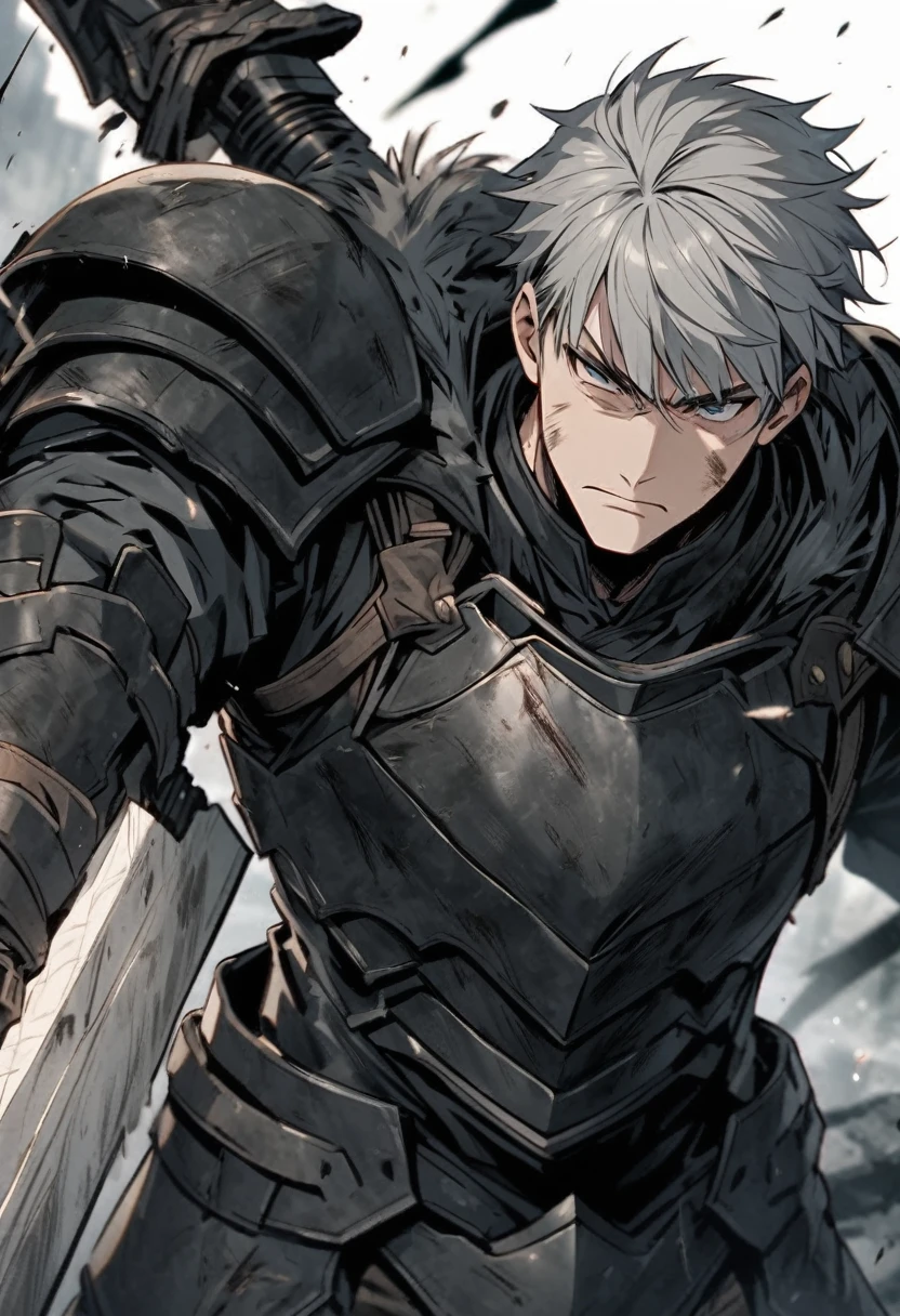 Grey haired man 28 years old Hold a large sword Black Armor is Dirty