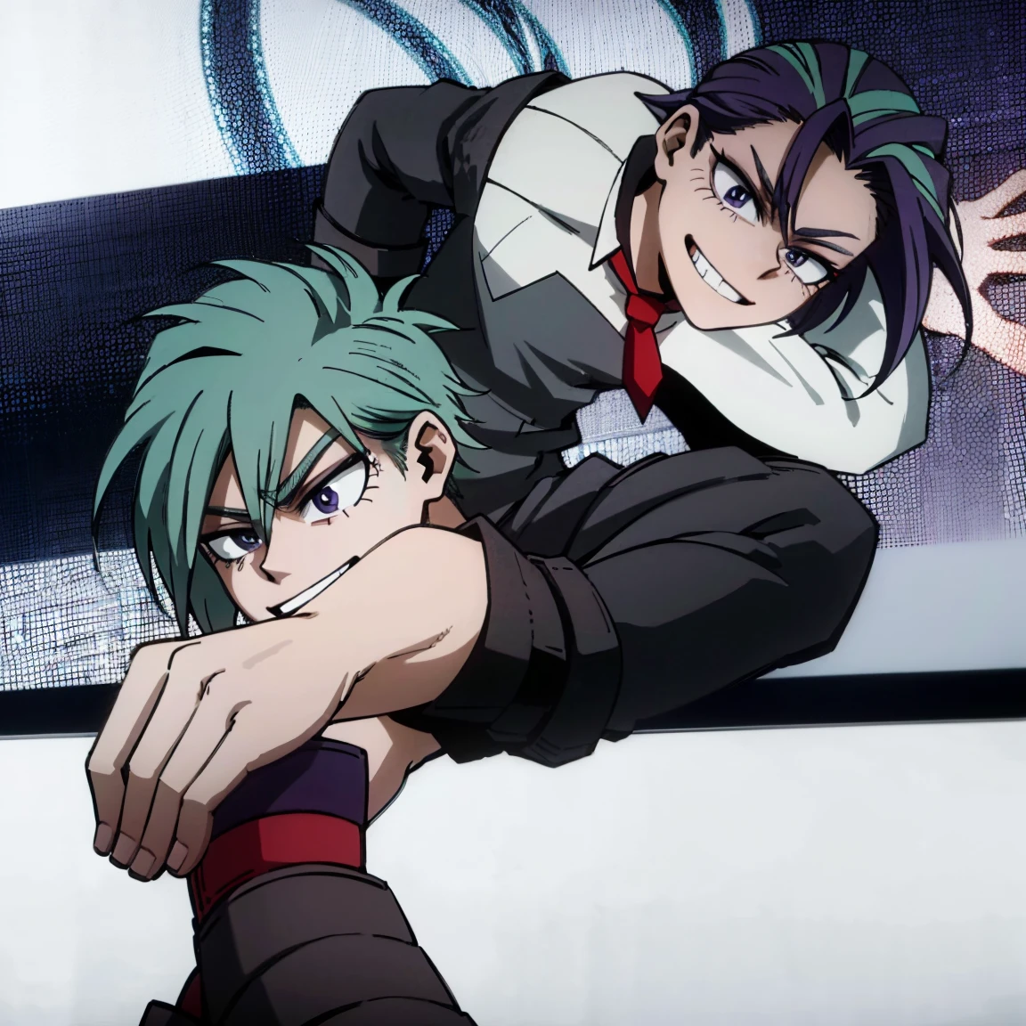 1boy, male focus, boku no hero academia, masterpiece, best quality, very aesthetic, absurdres, short messy hair, purple hair, lavender eyes, smirk, gray jacket, red tie, white shirt, teal pants, boots