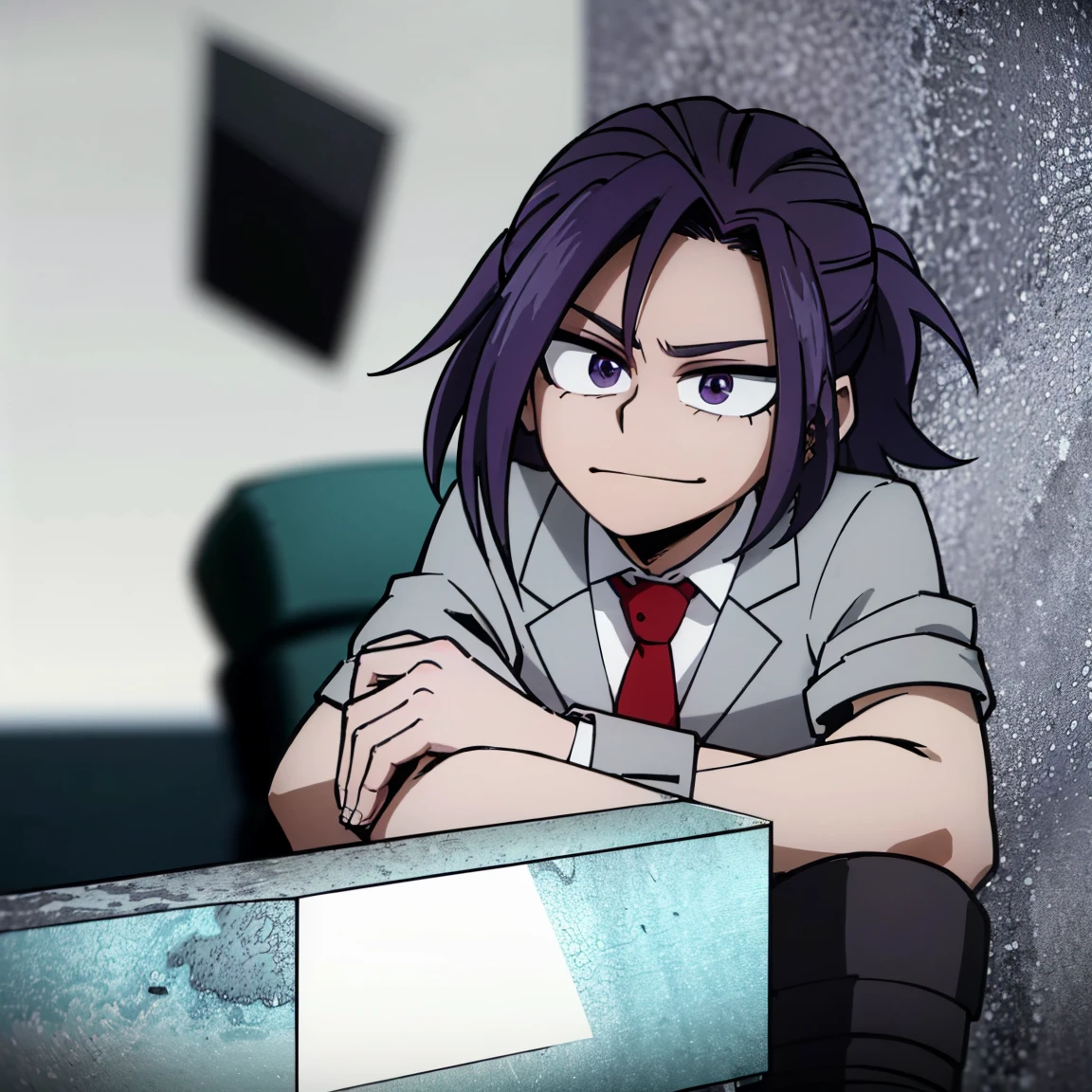 1boy, male focus, boku no hero academia, masterpiece, best quality, very aesthetic, absurdres, short messy hair, purple hair, lavender eyes, smirk, gray jacket, red tie, white shirt, teal pants, boots