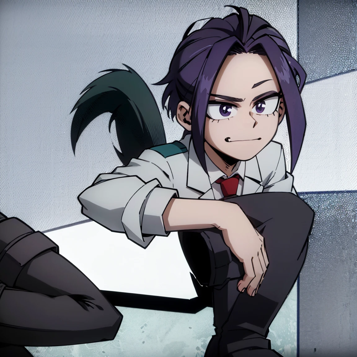 1boy, male focus, boku no hero academia, masterpiece, best quality, very aesthetic, absurdres, short messy hair, purple hair, lavender eyes, smirk, gray jacket, red tie, white shirt, teal pants, boots 