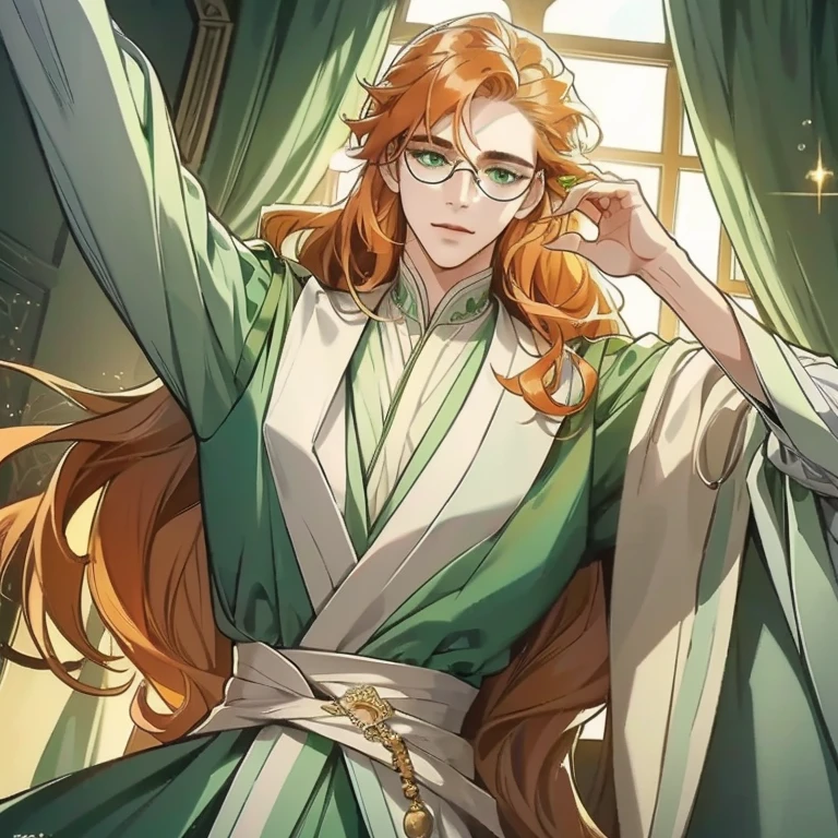 A tall male with long very light orange curly hair, green eyes and glasses and a kind facial expression .White and pastel light green , luscious silk outfit with jewerly incorporated. Different positions.Detailed art.Dynamic lighting.HDR.Masterpiece