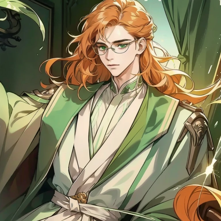 A tall male with long very light orange curly hair, green eyes and glasses and a kind facial expression .White and pastel light green , luscious silk outfit with jewerly incorporated. Different positions.Detailed art.Dynamic lighting.HDR.Masterpiece