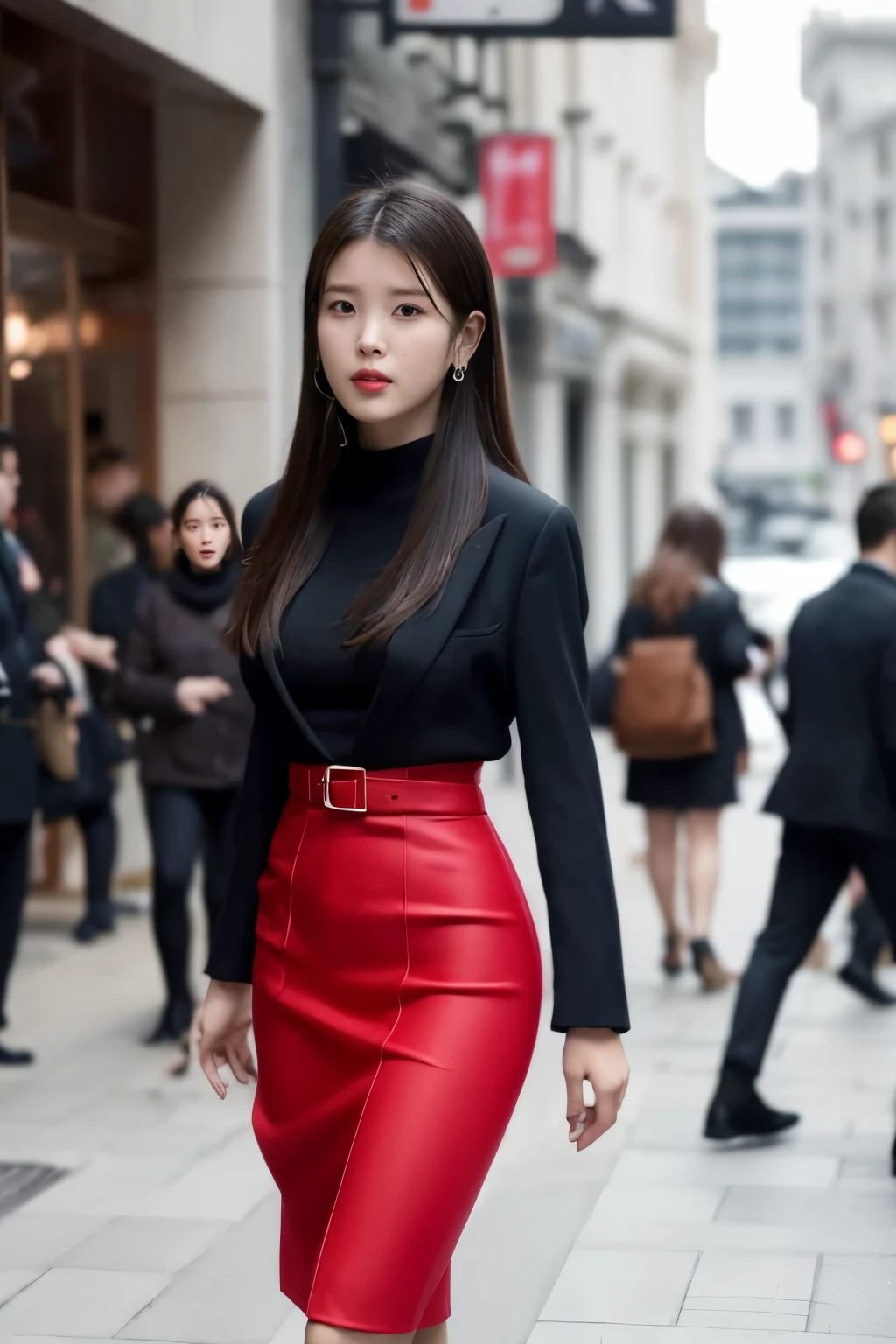 araffe woman in red tight dress walking down the street with a purse, wearing a red tight outfit, wearing a black and red tight suit, wearing red slim tight attire, wearing red slim clothes, bae suzy, red tight clothes, dominating red color, wearing red formal attire, red suit, wearing red, colorful with red hues, black and red silk clothing, red hue, all red, tiny breasts, (flat ass 0.1), pencil skirt, flat body
