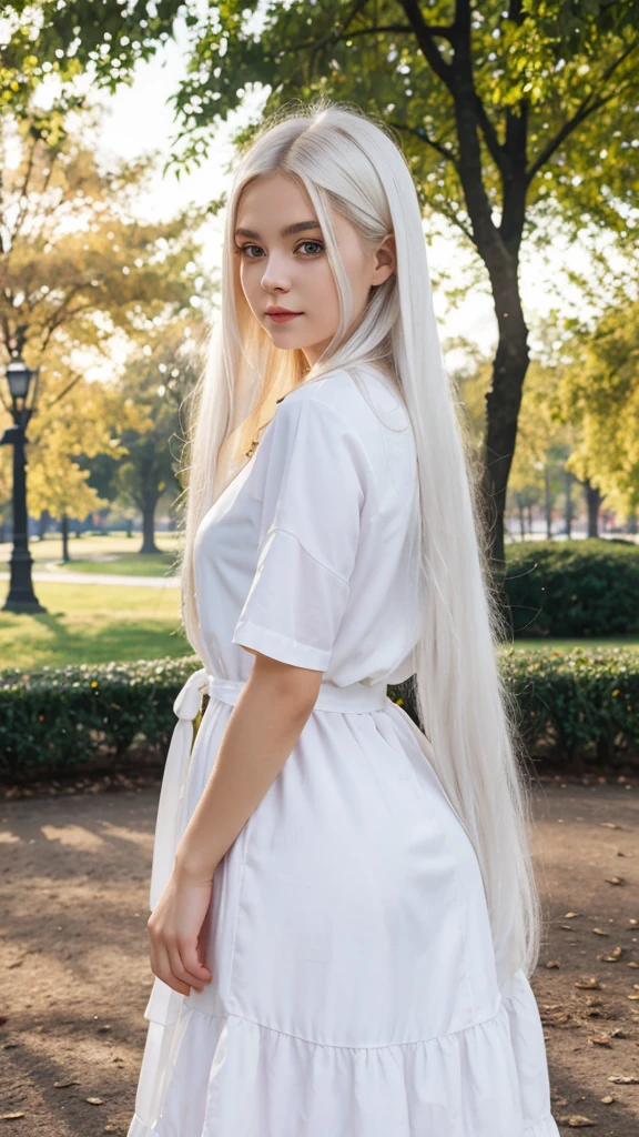 1girl, masterpiece, best quality, high quality, WHITE HAIR, LONG HAIR, beautiful eyes, beautiful clothes, perfectly emphasizing the figure against the background of the park