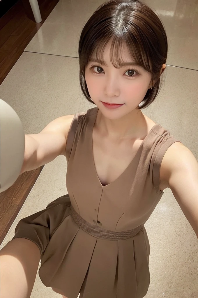 ,(selfie shot:2), ( Close Up),(from above:1.5),(flat chest:1.3), Top quality, 1 beautiful Japanese woman, ,high school student,(18 years old),bob cut, (brown hair:1.2), Ultra-realistic capture, Highly detailed, High resolution 16k close-up of human skin. Skin texture must be natural, With such detail that pores can be finely identified. Skin should look healthy, In a uniform tone. Use natural light and color,