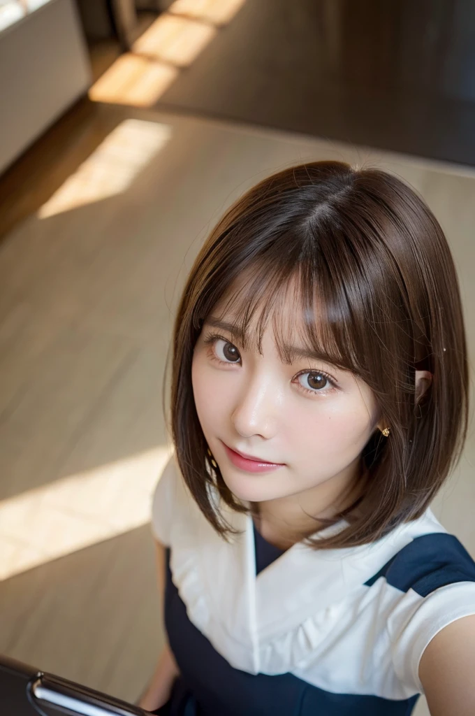 ,(selfie shot:2), ( Close Up),(from above:1.5),(flat chest:1.3), Top quality, 1 beautiful Japanese woman, teen,high school student,(18 years old),bob cut, (brown hair:1.2), Ultra-realistic capture, Highly detailed, High resolution 16k close-up of human skin. Skin texture must be natural, With such detail that pores can be finely identified. Skin should look healthy, In a uniform tone. Use natural light and color,