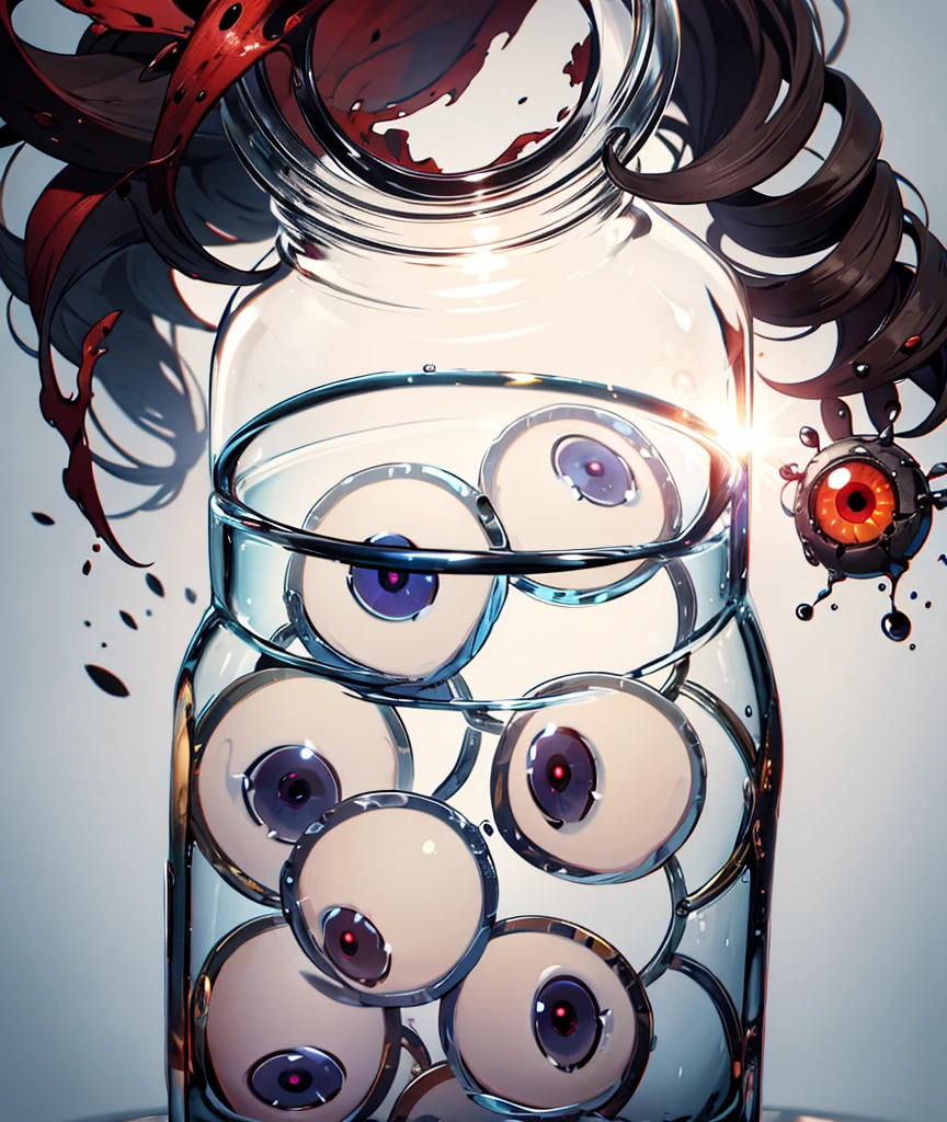 a glass jar filled with eyeballs, blood, 