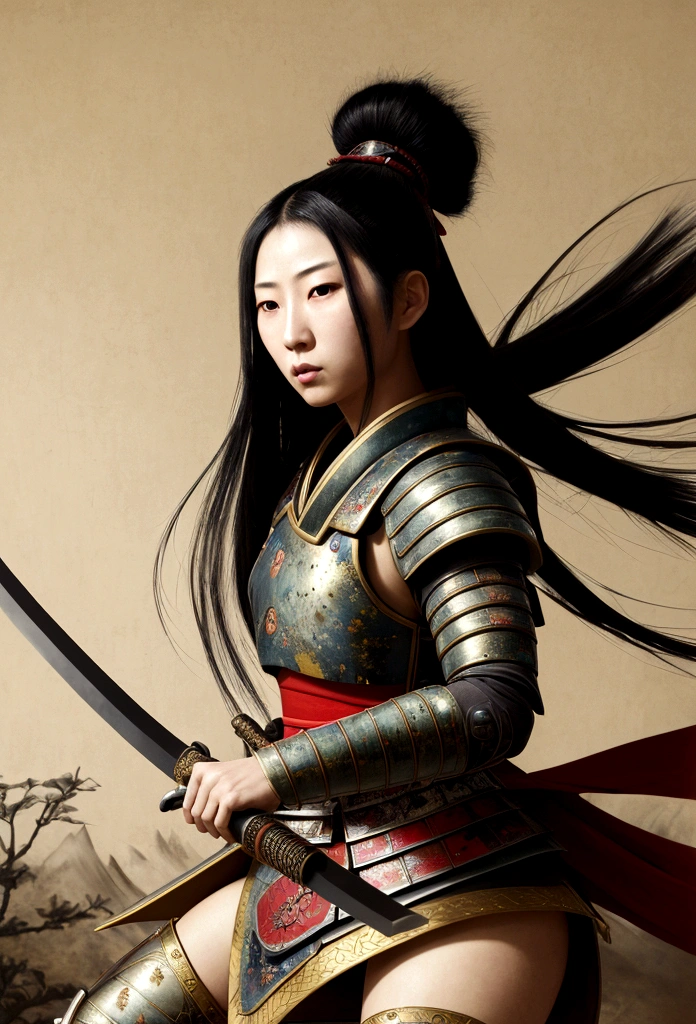 a picture of Japanese female samurai, she has long black hair, wearing samurai armor, armed with a katana, ready for battle, dynamic angle,, Japanese fantasy art, (Masterpiece: 1.5), 16k, highres, best quality, high details, ultra detailed, masterpiece, best quality, (extremely detailed), arafed, dnd art, , magical dagger