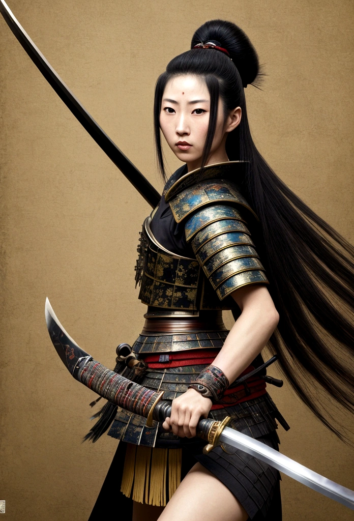 a picture of Japanese female samurai, she has long black hair, wearing samurai armor, armed with a katana, ready for battle, dynamic angle,, Japanese fantasy art, (Masterpiece: 1.5), 16k, highres, best quality, high details, ultra detailed, masterpiece, best quality, (extremely detailed), arafed, dnd art, , magical dagger