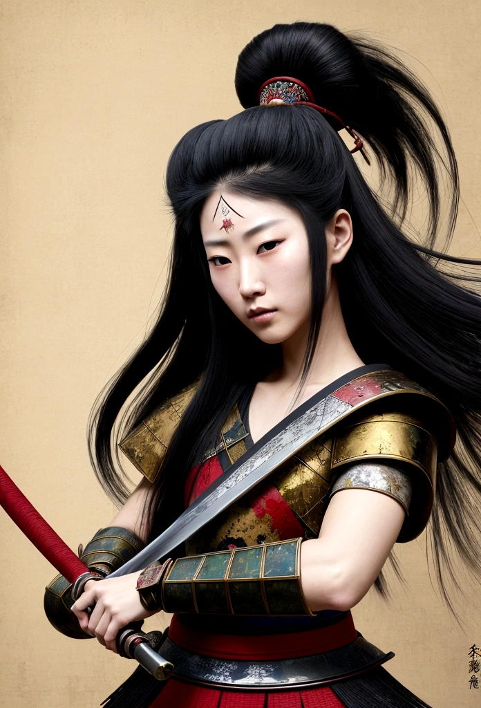 a picture of Japanese female samurai, she has long black hair, wearing samurai armor, armed with a katana, ready for battle, dynamic angle,, Japanese fantasy art, (Masterpiece: 1.5), 16k, highres, best quality, high details, ultra detailed, masterpiece, best quality, (extremely detailed), arafed, dnd art, , magical dagger