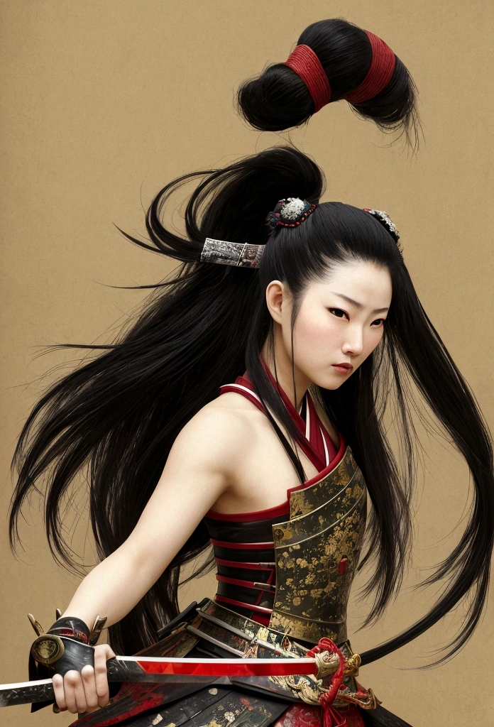 a picture of Japanese female samurai, she has long black hair, wearing samurai armor, armed with a katana, ready for battle, dynamic angle,, Japanese fantasy art, (Masterpiece: 1.5), 16k, highres, best quality, high details, ultra detailed, masterpiece, best quality, (extremely detailed), arafed, dnd art, , magical dagger