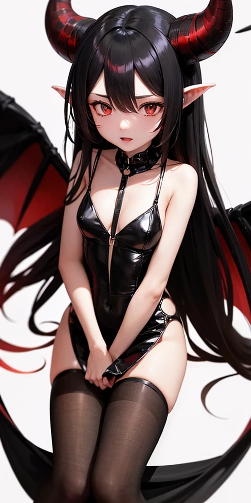 A black and red dragon girl with long, slender ears, two horns on her head, spreading her wings and casting spells.