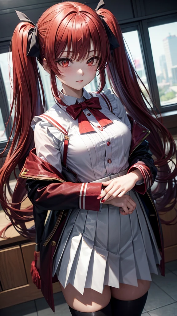 Ichika has straight scarlet hair that is tied into twin tails and tied with red ribbons and dark red gradient eyes. It turns out that she was often seen wearing the standard  with a buttoned crimson blazer that also covered most of her orange blouse. At the center of her formal attire, she sometimes wears a blue tie. Additionally, she wears a white pleated sailor striped skirt.