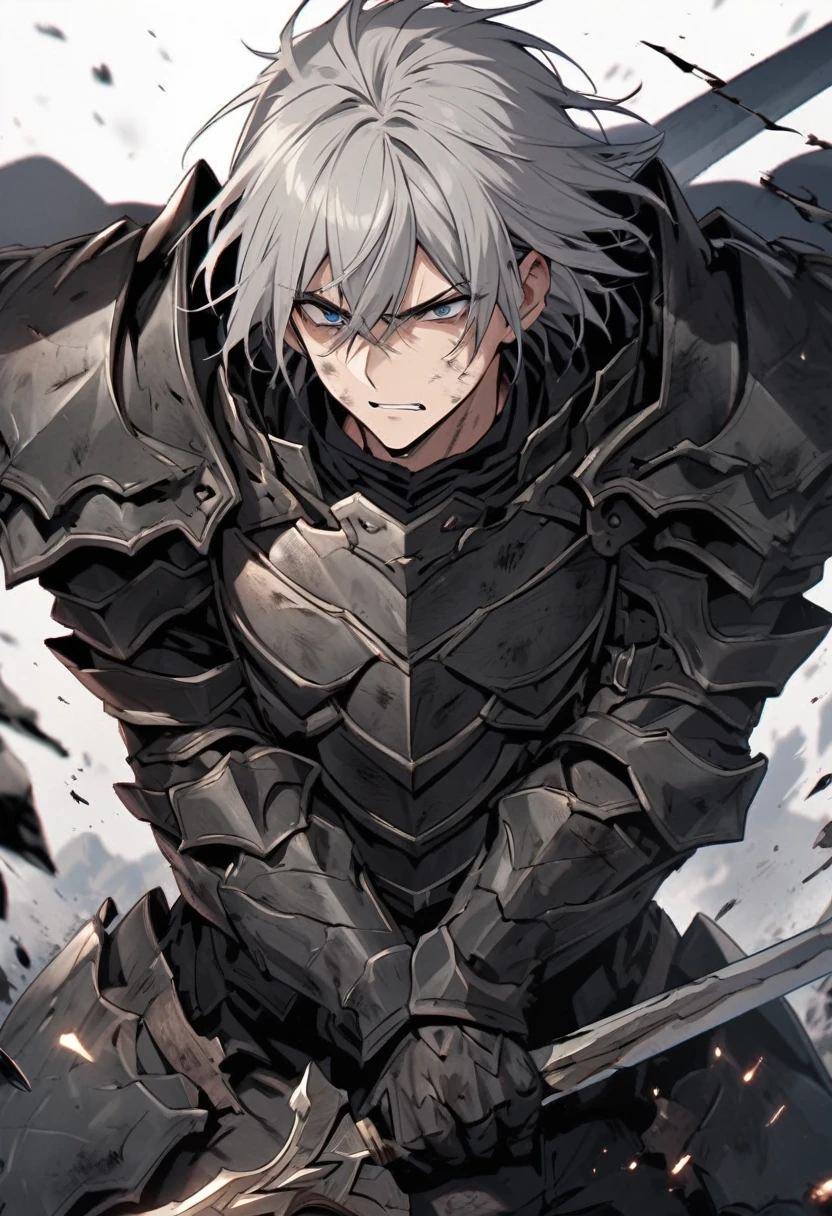 Man with long grey hair 28 years old Hold a large sword Black armor is dirty and cracked