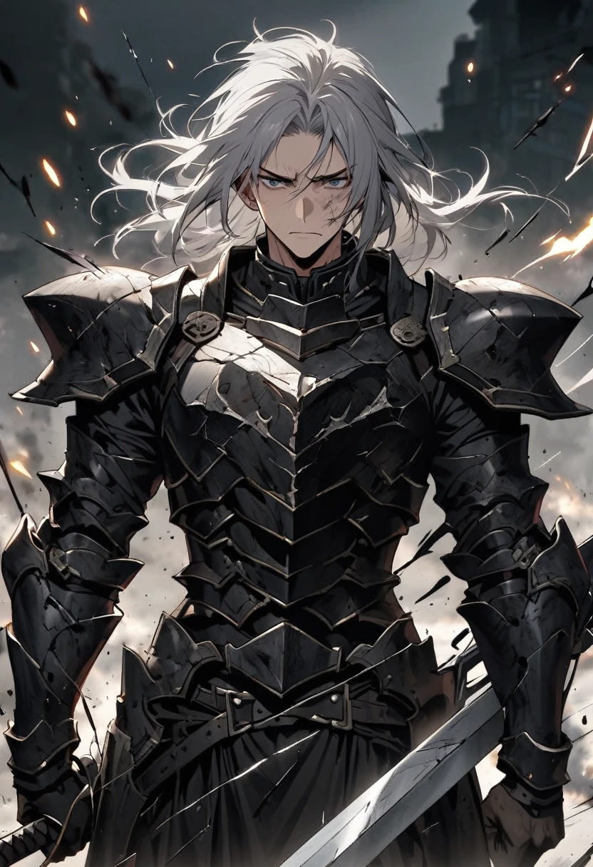 Man with long grey hair　28 years old　Hold a large sword　Black armor is dirty and cracked　