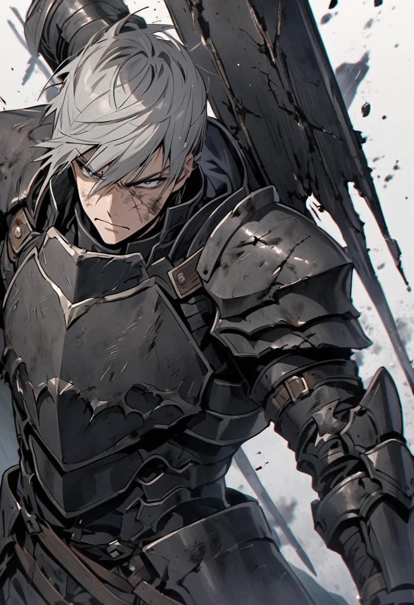 Man with long grey hair 28 years old Hold a large sword Black armor is dirty and cracked