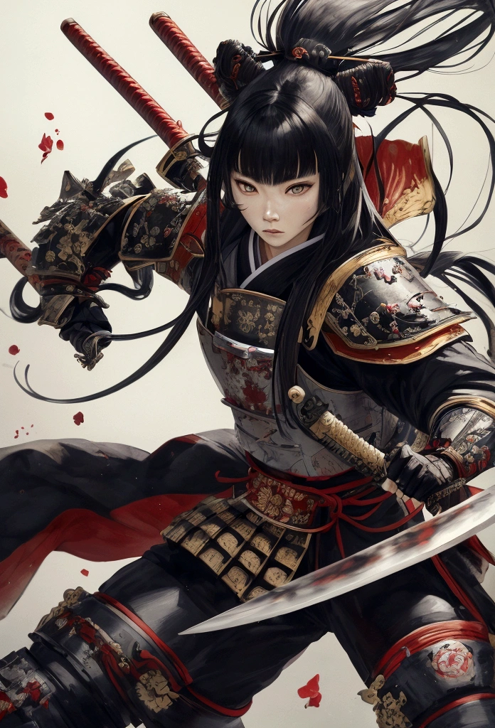 a picture of Japanese female samurai, she has long black hair, wearing samurai armor, armed with a katana, ready for battle, dynamic angle,, Japanese fantasy art, (Masterpiece: 1.5), 16k, highres, best quality, high details, ultra detailed, masterpiece, best quality, (extremely detailed), arafed, dnd art, 