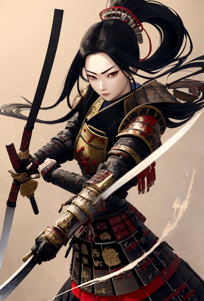 a picture of Japanese female samurai, she has long black hair, wearing samurai armor, armed with a katana, ready for battle, dynamic angle,, Japanese fantasy art, (Masterpiece: 1.5), 16k, highres, best quality, high details, ultra detailed, masterpiece, best quality, (extremely detailed), arafed, dnd art,