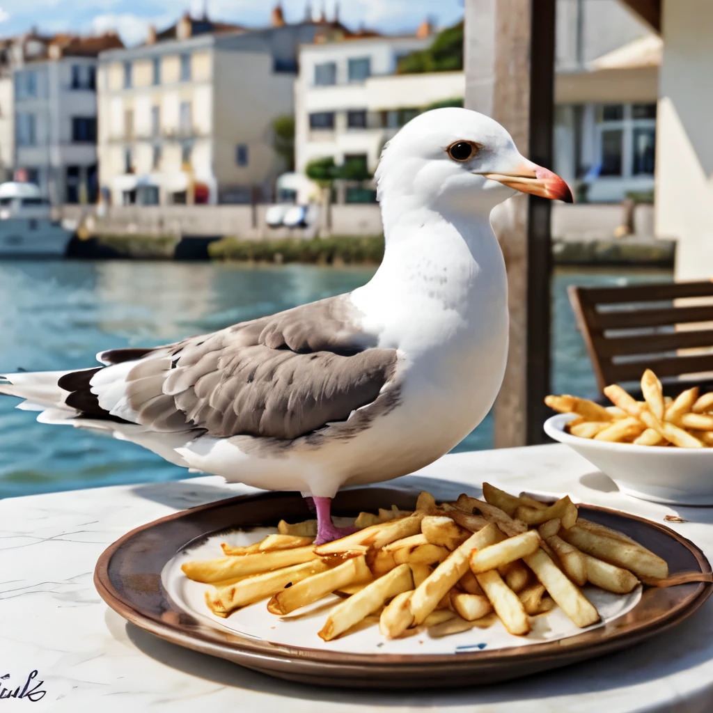 1 seagull eating a plate of French fries, obra maestra, la mejor calidad, high details, accurate