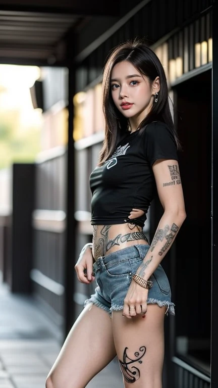 young girl (21 years old), (perfect face.), fit the body (tattoo designs), (rock style), (green eyes), (full body close up), (tired: black band shirt, Torn jeans shorts), (gold color, short straight hair ), (medium sized, stomach wide open, model, Sagging breasts, Hard nipples.), (The back is a nightclub style.....) fashion booth shoes