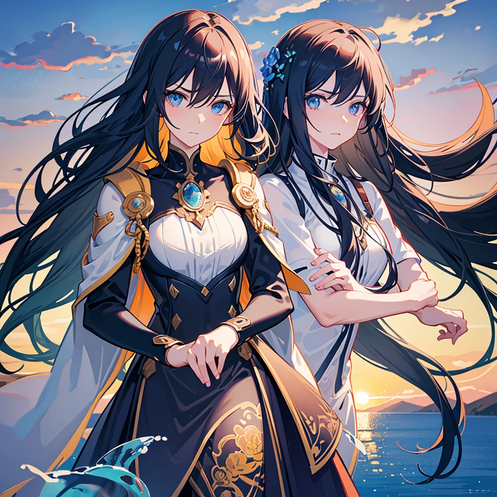 1 girl, serene expression, mesmerizing eyes, wearing black full black knight armor and full-face knight helmet, wearing knight face mask, standing in the middle of a vast flower field, angry face, black hair, blue eyes, poised posture, porcelain skin, subtle blush, crystal pendant BREAK golden hour, (rim lighting):1.2, warm tones, sun flare, soft shadows, vibrant colors, painterly effect, dreamy atmosphere BREAK scenic lake, distant mountains, willow tree, calm water, reflection, sunlit clouds, peaceful ambiance, idyllic sunset, ultra detailed, official art, unity 8k wallpaper , zentangle, mandala, angry face