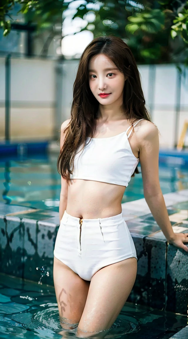 ((Best image quality)、Korean 20 years old, Private luxury mansion,nfsw, high resolution, Natural and smooth implementation, head and body balance、perfect body beauty:1.4、slim、thin legs、((dark brown hair、very :1.2)), naked, wearing only a swimsuit, very 상세한 얼굴 및 피부 질감、eye for detail、shy smile、with legs spread、variety of swimsuits , lighting areola、Aiming to become a gravure idol、top quality、reality、 exposed groin、cute appearance、angle from below、small ass、K-pop makeup、embarrassed expression、thin waist, White and clear skin, cute belly fat, chubby, Narrow pelvis,  Slander type, private swimming pool, Popular hairstyles for long hair, skinny body type, young body type, Small pelvis, small shoulder, 