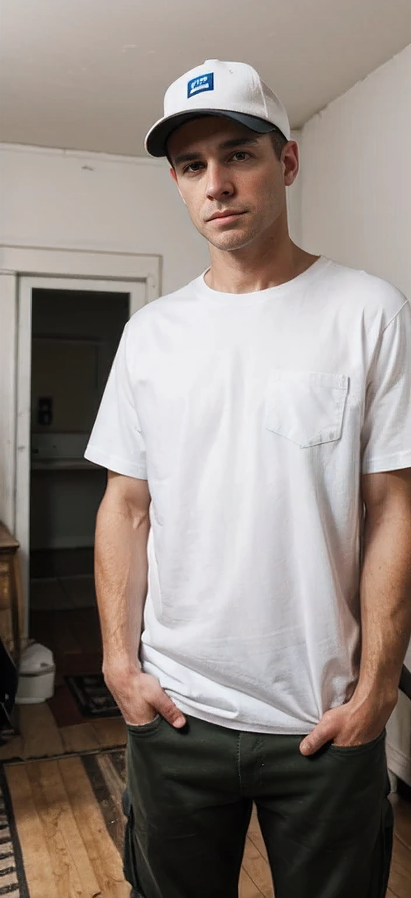 There is a white man standing in an old apartment with his hands in his pockets, wearing a white torn t-shirt, cap on his head, standing straight and looking at the camera, thin, 8k