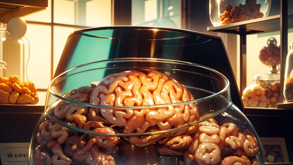 human brain stored in a glass jar, in a canibal store