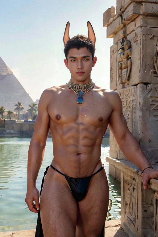 Boy from ancient Egypt,1boy ,

((((anubis ears:1.5,anubis boy:1.5,anubis,anthro)))),(nice pectoral:1.5),((white hair, (extra short hair:1.1), bangs over one eye:1.5, white hair)),(((red_eyes:1.3))),intricate eyes,beautiful detailed eyes,symmetrical eyes,big eyes:1.5((((dark skin:1.4,lustrous skin:1.5,bright skin: 1.5,skin tanned,shiny skin,very shiny skin,shiny body)))),(spider lower abdomen,narrow waist,wide hip,inflated legs,thick thighs),(((detailed face))),detailed lips,

(cute,slutty,sensual,seductive look,seductive,((erotic)),opulent,sumptuous,(((nsfw)))),

revealing clothing,show skin,(barefoot),Egyptian jewelry,makeup, ((belly dancer outfit,detailed belly dancer outfit))  

dynamic and seductive pose,looking at viewer,(smirk,handsome smile),centered,scale to fit dimensions,Rule of thirds,

outdoors,pillars,((pillars background,egyptian palace,egyptian palace background,pyramids in the background)),scenery,extremely scenery,(puddles everywhere,moss,moss on the background), Egypt style,Egypt castle,lily pads,palms,(sunset, golden hour),

(Glossy Egyptian ornaments),highres,sharp focus,(ultra detailed,extremely detailed),(photorealistic artwork:1.37),(extremely detailed CG unity 8k wallpaper),(((vibrant colors,vibrant theme))),(intricate),(masterpiece),(best quality),artistic photography,(photography taken by sldr),(intricate background),perfect rendered face,perfect face details,realistic face,photo realistic,((intricate detail)),(((ultra realism , ultra photorealism))), (((only male , only boy ,  male，male性））） ,((gay , gay focus)), ((unrealistic wide hips,  unrealistic wode pelvis))
