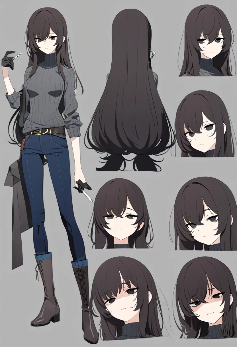 One Woman,Downer,older sister,Concept Art,Dark brown hair,Straight hair with slight inward curls,Staring eyes,Eye Ridge,black eye,Crossed bangs,whole body,smile,Slightly larger breasts,Gray background,Bangs that reach down to the eyes,Messy hair,Tight dark jeans,Gray turtleneck sweater,Multiple views of the same character,Character Design,Dark circles under the eyes,Bad look,Listless,Sloppy,Silver Jewelry,Cafe staff,Holding a cigarette,whole bodyCharacter Design,Detailed hands,Height: 170cm,boots,fleshy,
