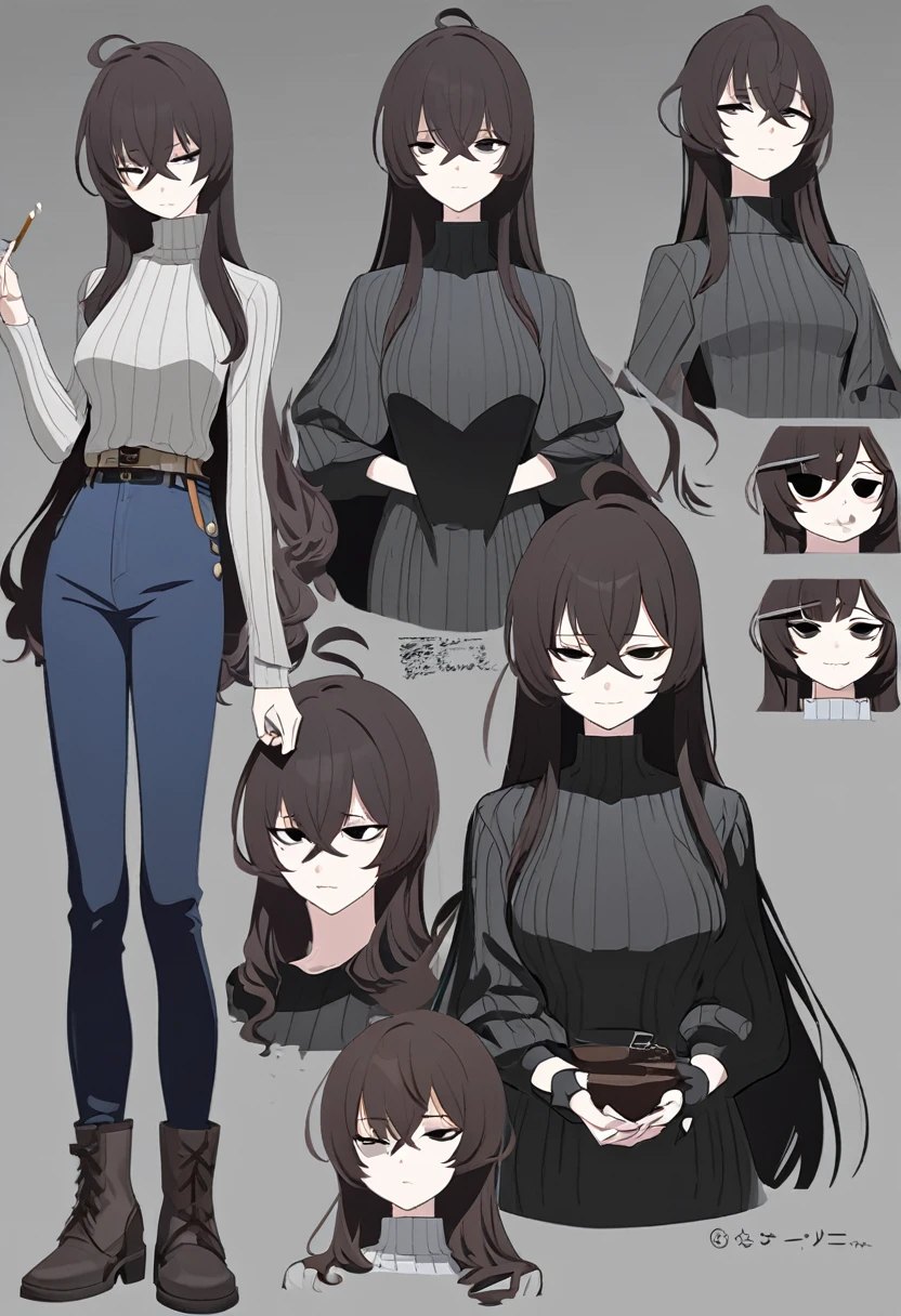 One Woman,Downer,older sister,Concept Art,Dark brown hair,Straight hair with slight inward curls,Staring eyes,Eye Ridge,black eye,Crossed bangs,whole body,smile,Slightly larger ,Gray background,Bangs that reach down to the eyes,Messy hair,Tight dark jeans,Gray turtleneck sweater,Multiple views of the same character,Character Design,Dark circles under the eyes,Bad look,Listless,Sloppy,Silver Jewelry,Cafe staff,Holding a cigarette,whole bodyCharacter Design,Detailed hands,Height: 170cm,boots,fleshy,