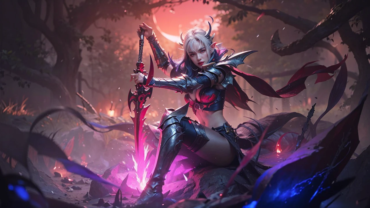 (female:1.2), 8k, ultra hd, ultra detailed texture, hyper realistic, masterpiece, detailed texture, detailed face, detailed skin, detailed lighting, (photorealistic:1.5), best quality, beautiful lighting, cinematic lighting, professional lighting, ultra highres, realistic, detailed hair, real hair, high quality, (realskin:1.5), extremely detailed, finely detail, ultra-detailed, 1girl, solo, elf, pointy ears, standing, demon horns, forehead protector, (red eyes:1.5), v-shapped eyebrow, lips, red lips, evil smile, nose, make up, pretty, beautiful, cute face, long hair, blue hair, high ponytail, large breasts, cleavage, armpit, navel, stomach, black armor, pauldrons, bare shoulders, shoulder armor, thigh high, sleevless, detached sleeves, breastplate, gauntlets, karina \(mobile legends\), depth of field, looking aways, white skin, skin tight, amazing pose, outdoors, glowing, dark view, blurry background