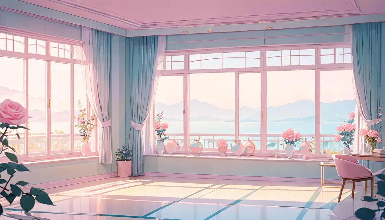 Resort Hotel Windows、Pastel tones、There is a beautiful rose sculpture on the window frame.。lofi