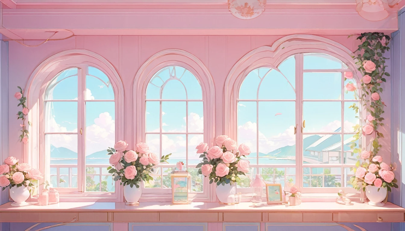 Resort Hotel Windows、Pastel tones、There is a beautiful rose sculpture on the window frame.。lofi