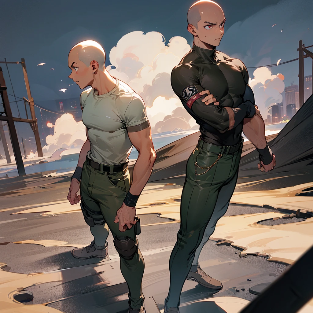 1male, adult, tan skin, finely detailed rose eyes, bald, casual clothing, army combat pants, compression shirt, arm band, standing on ruined building, night time, serious expression, muscular