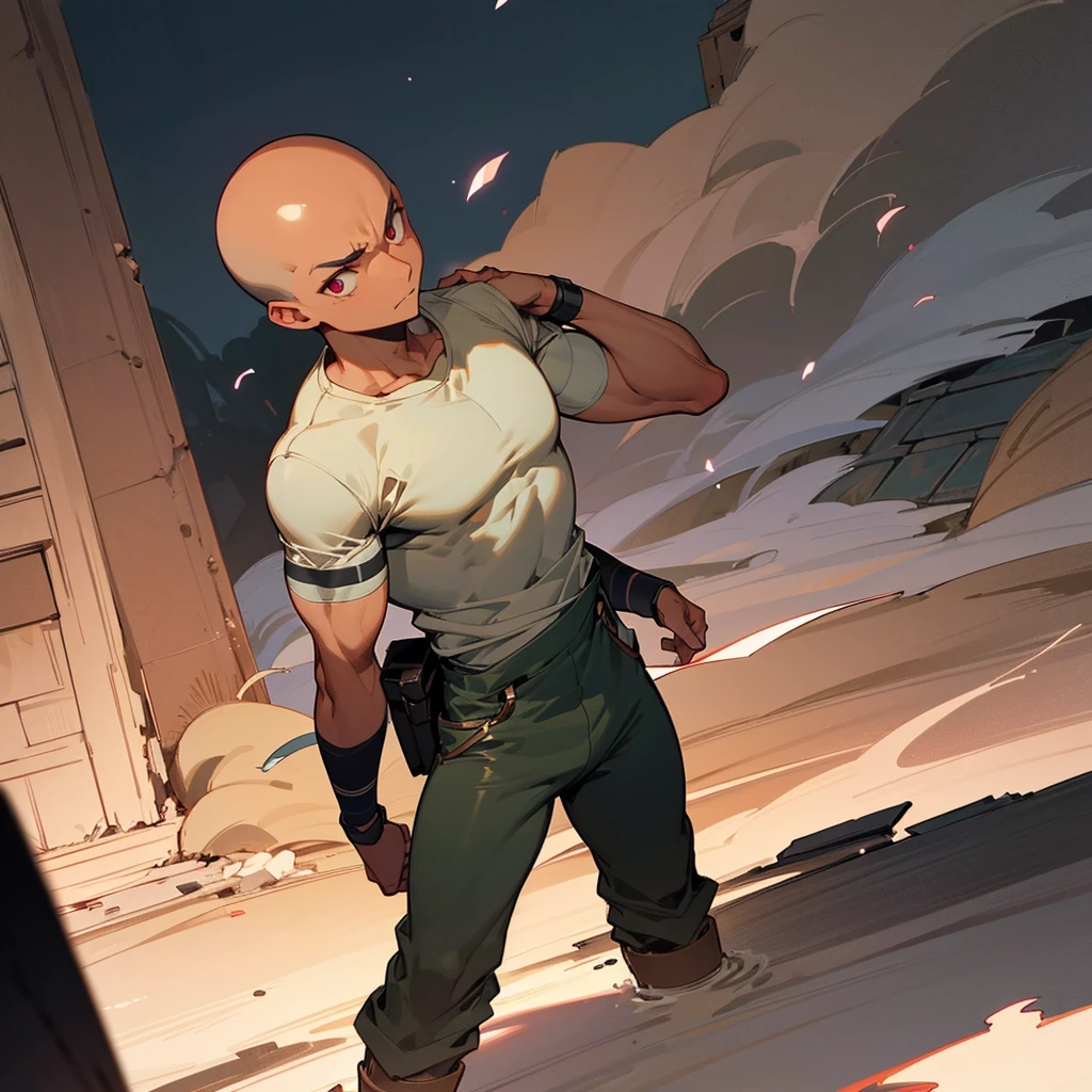 1male, adult, tan skin, finely detailed rose eyes, bald, casual clothing, army combat pants, compression shirt, arm band, standing on ruined building, night time, serious expression, muscular